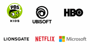 Logos for some of the companies we've worked with including PBS Kids, Ubisoft, HBO, Lionsgate, Netflix, and Microsoft