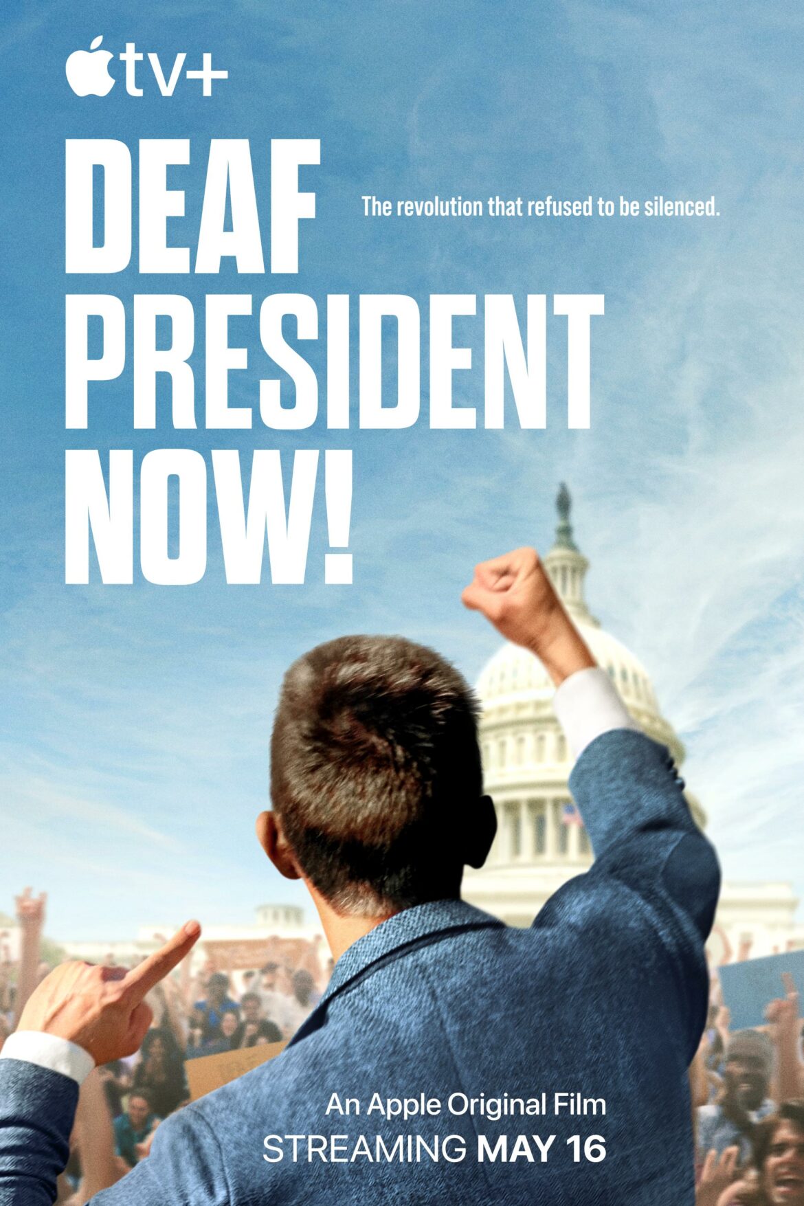 MV5BYmE0MjYwMmYtNmE4Mi00YjBhLTk3NjktY2Q3NDQyZWQ5YjE3XkEyXkFqcGc@._V1_-2 Deaf President Now! documentary poster- back of. young white male with his arm raised