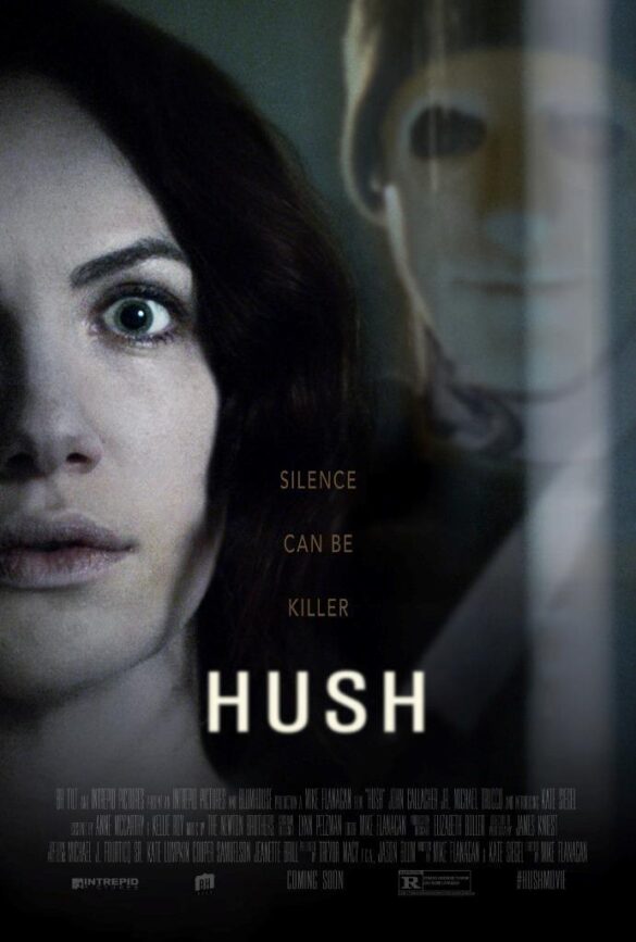 Hush movie poster- young white woman with eyes wide, masked man behind her